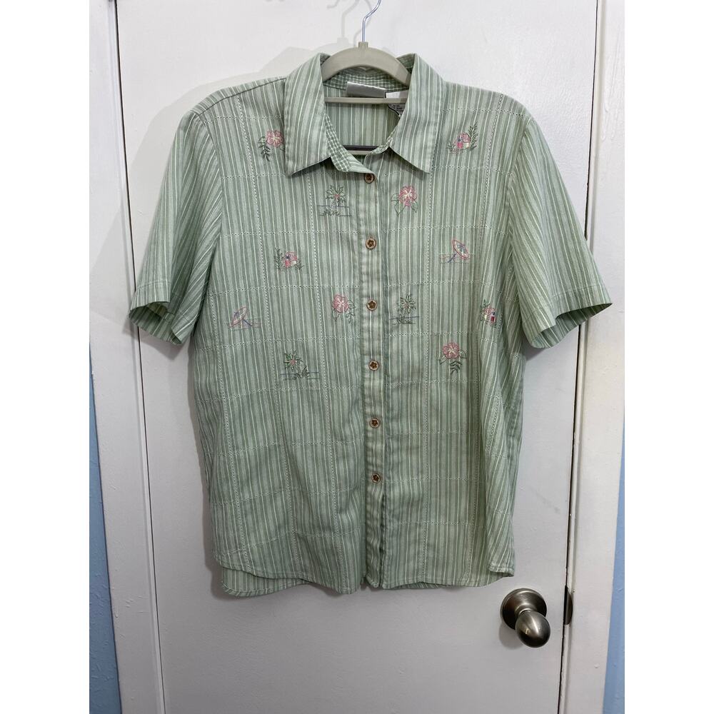 Vintage Napa Valley Shirt Medium Green Floral Embroidered Grandma Core
